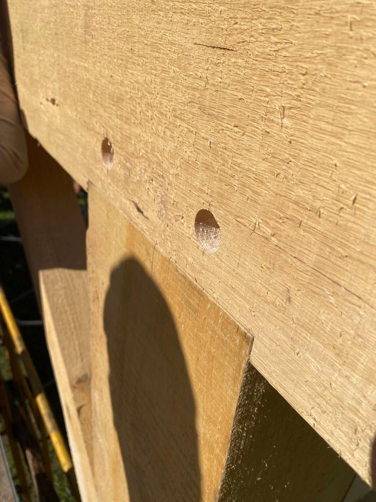 A close-up of a timber frame joint built during a FLINTA timber framing course led by Against The Grain.